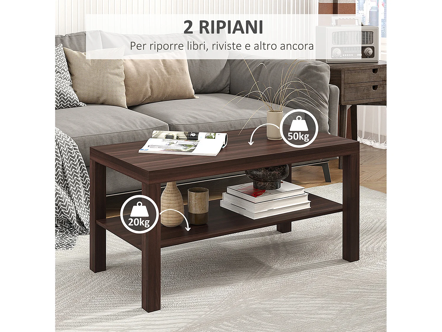 Tavolino da salotto con ripiano legno marrone