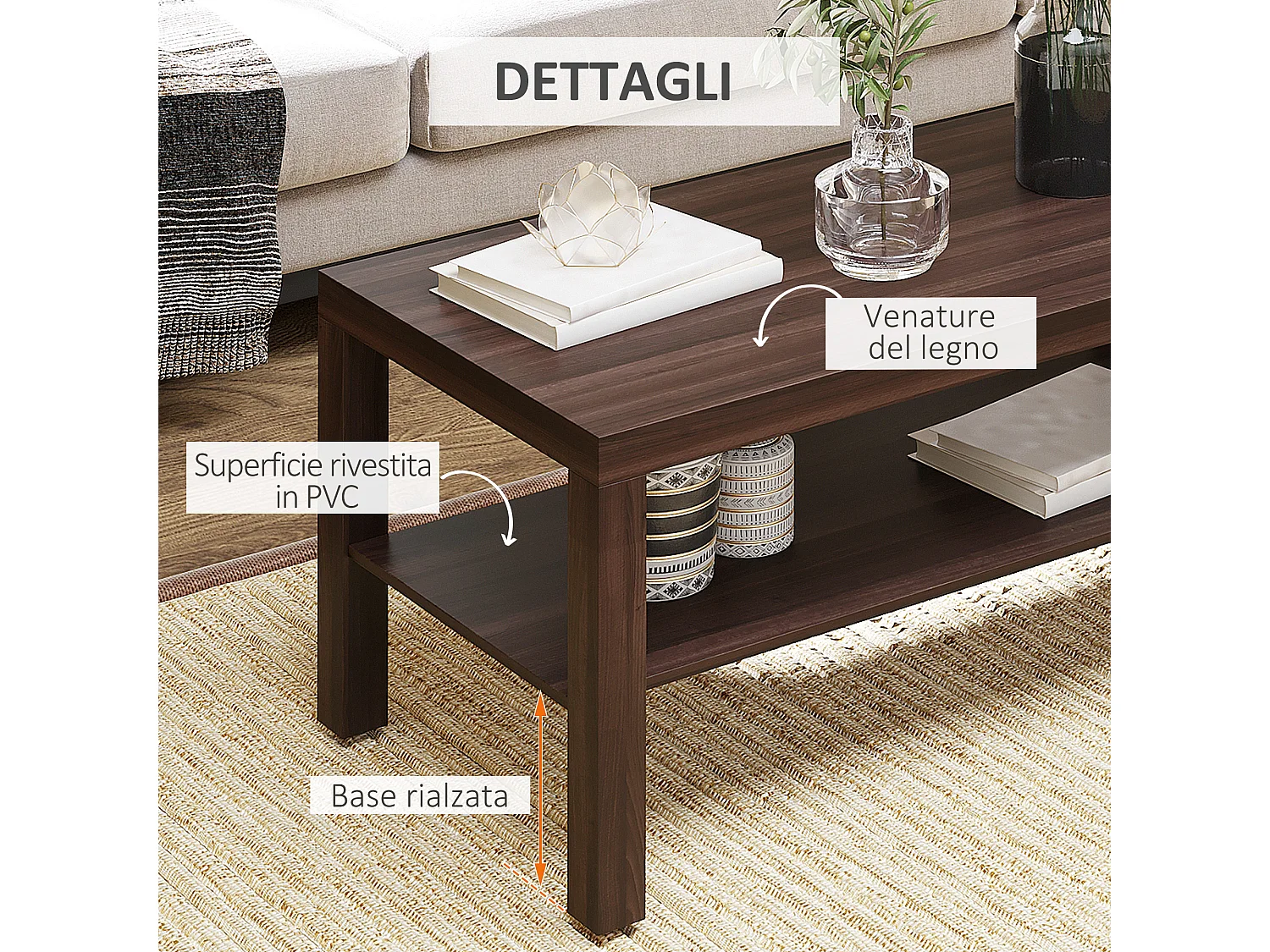 Tavolino da salotto con ripiano legno marrone