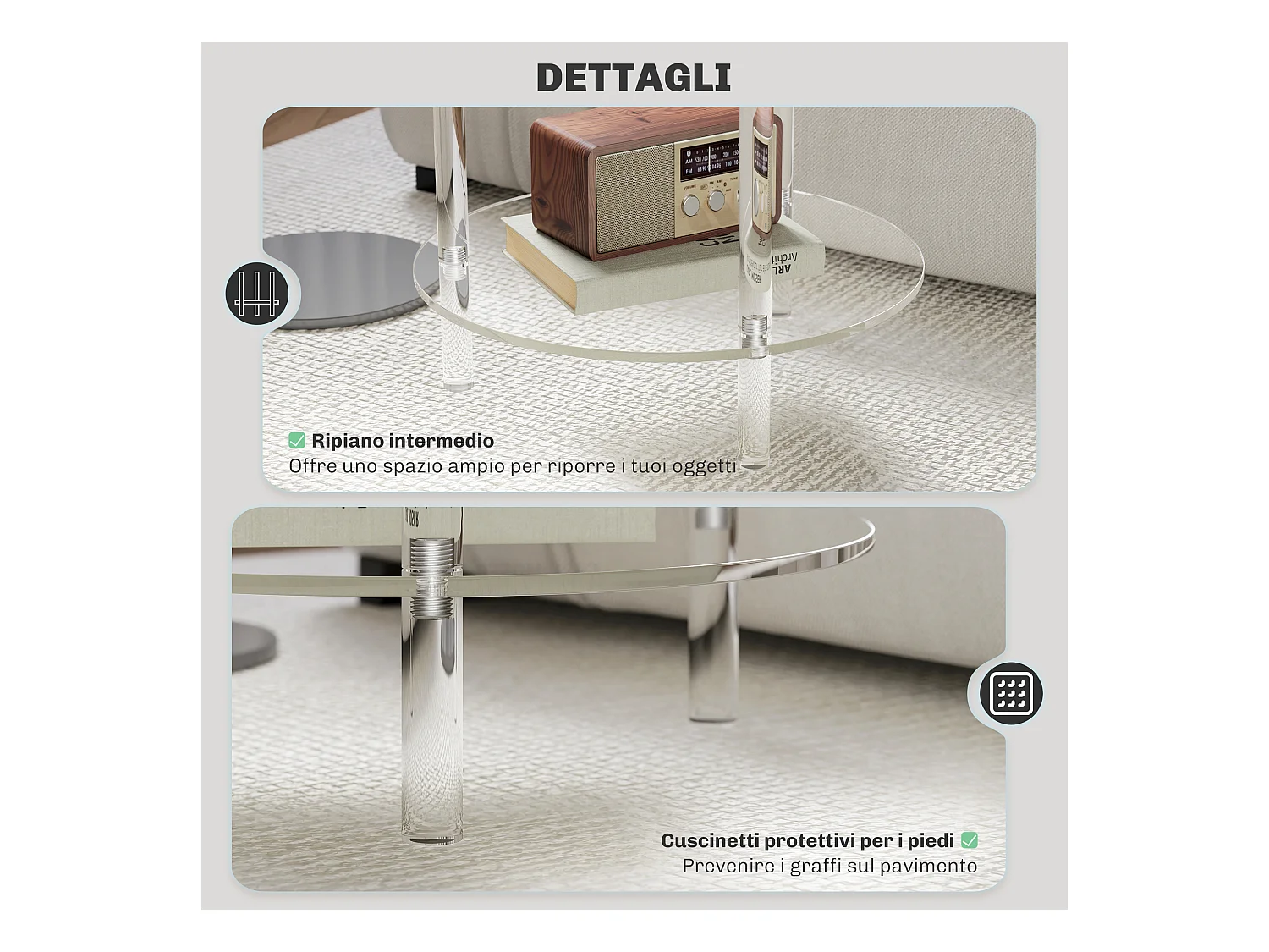 Tavolino basso e rotondo a 2 livelli in acrilico Ø40x50 cm