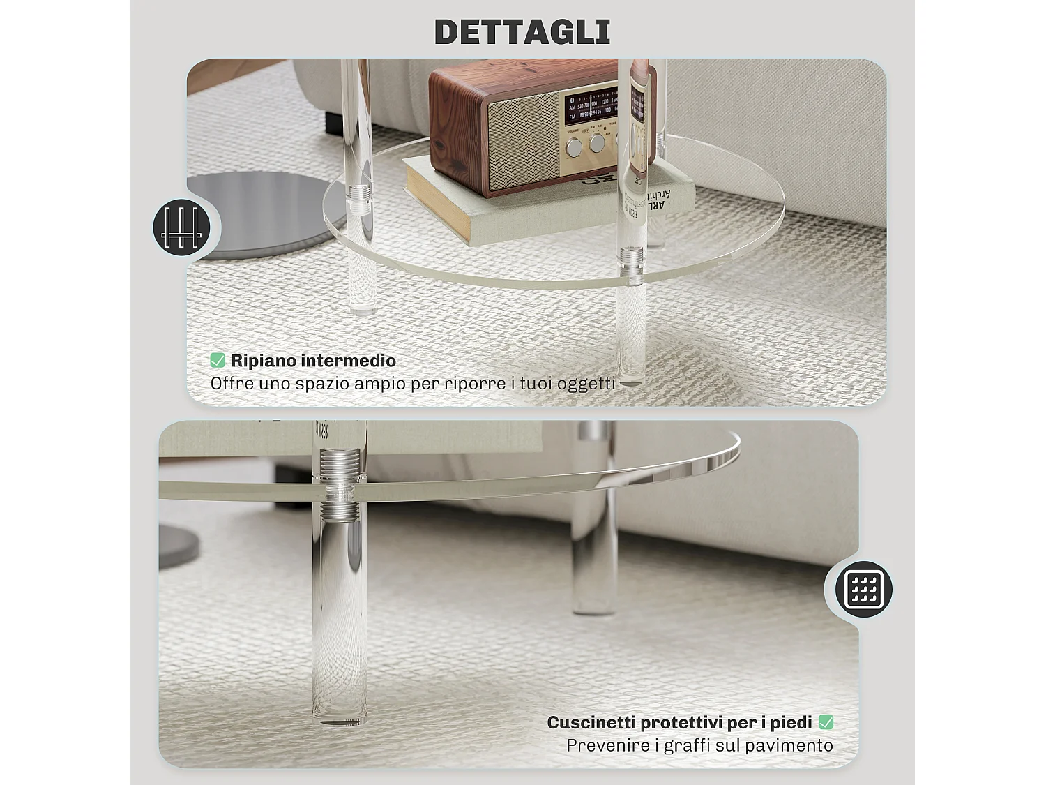 Tavolino basso e rotondo a 2 livelli in acrilico Ø40x50 cm