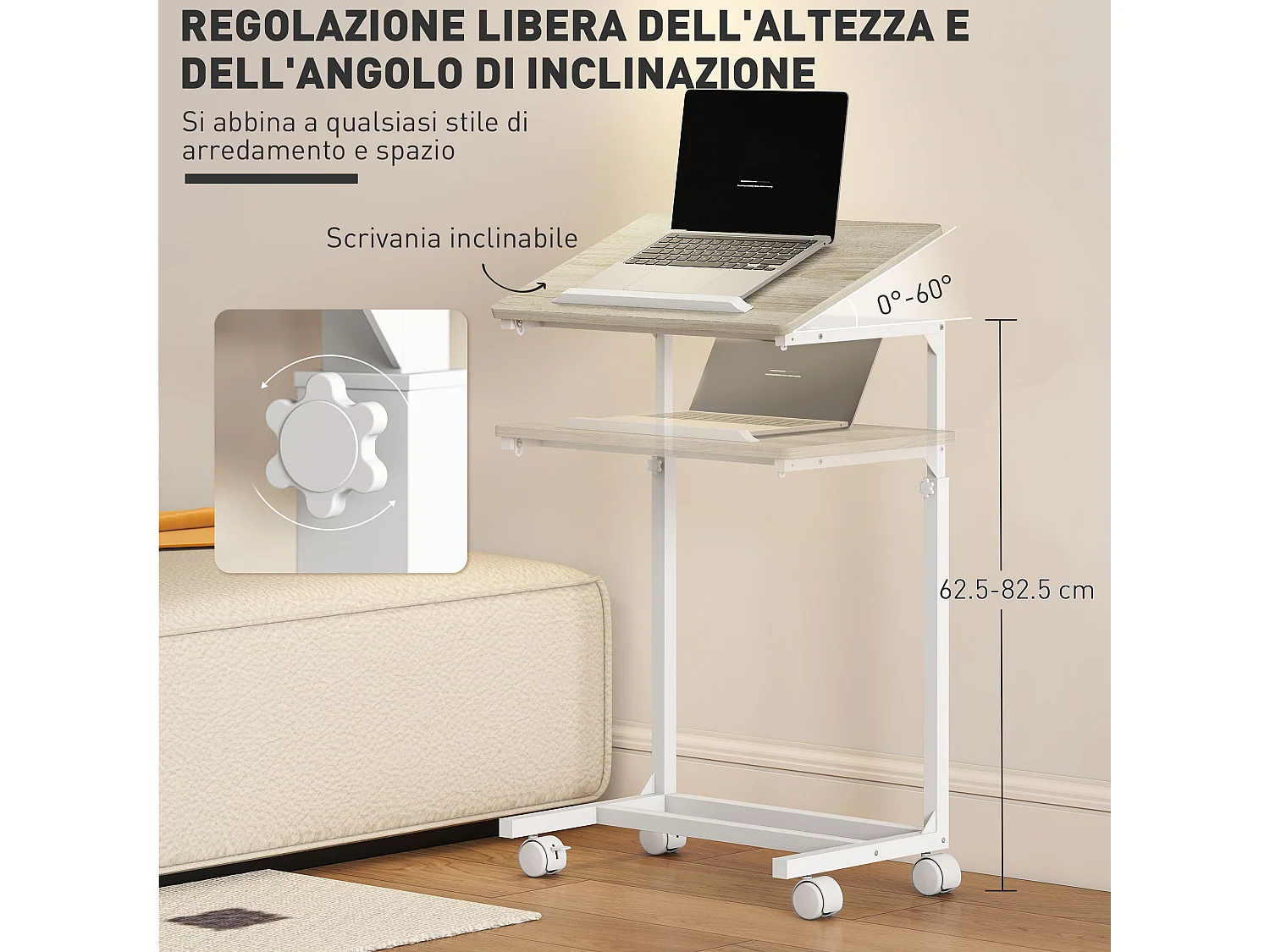 Tavolino da lavoro regolabile con piano inclinabile e 4 ruote
