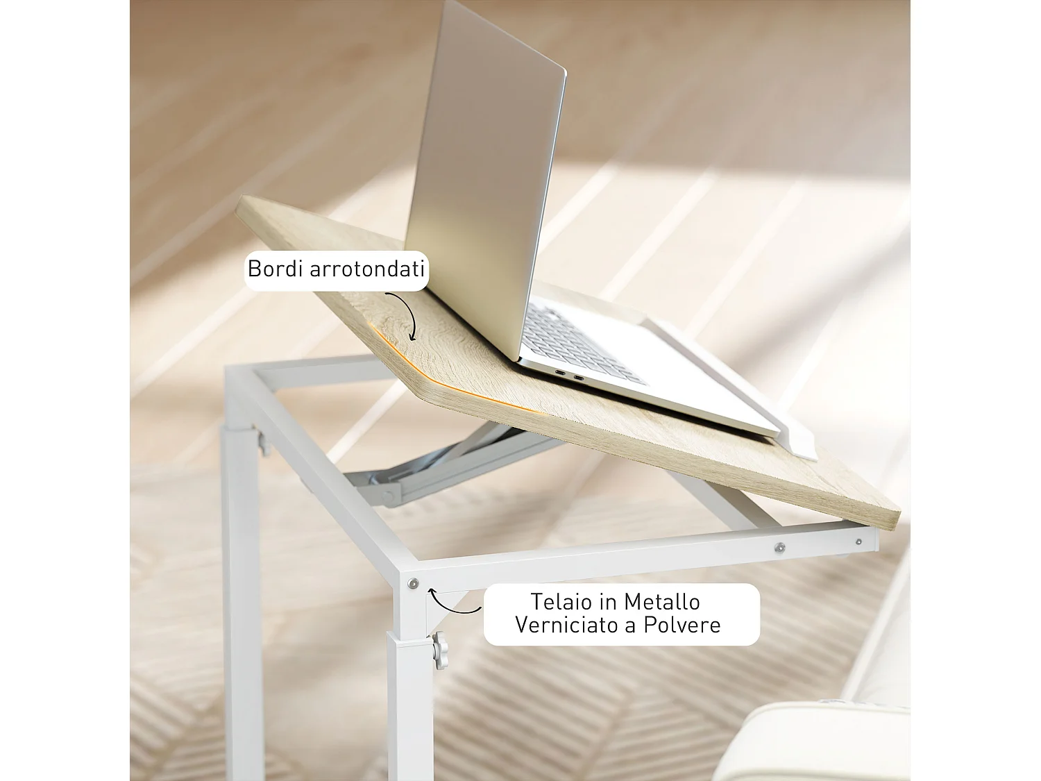 Tavolino da lavoro regolabile con piano inclinabile e 4 ruote