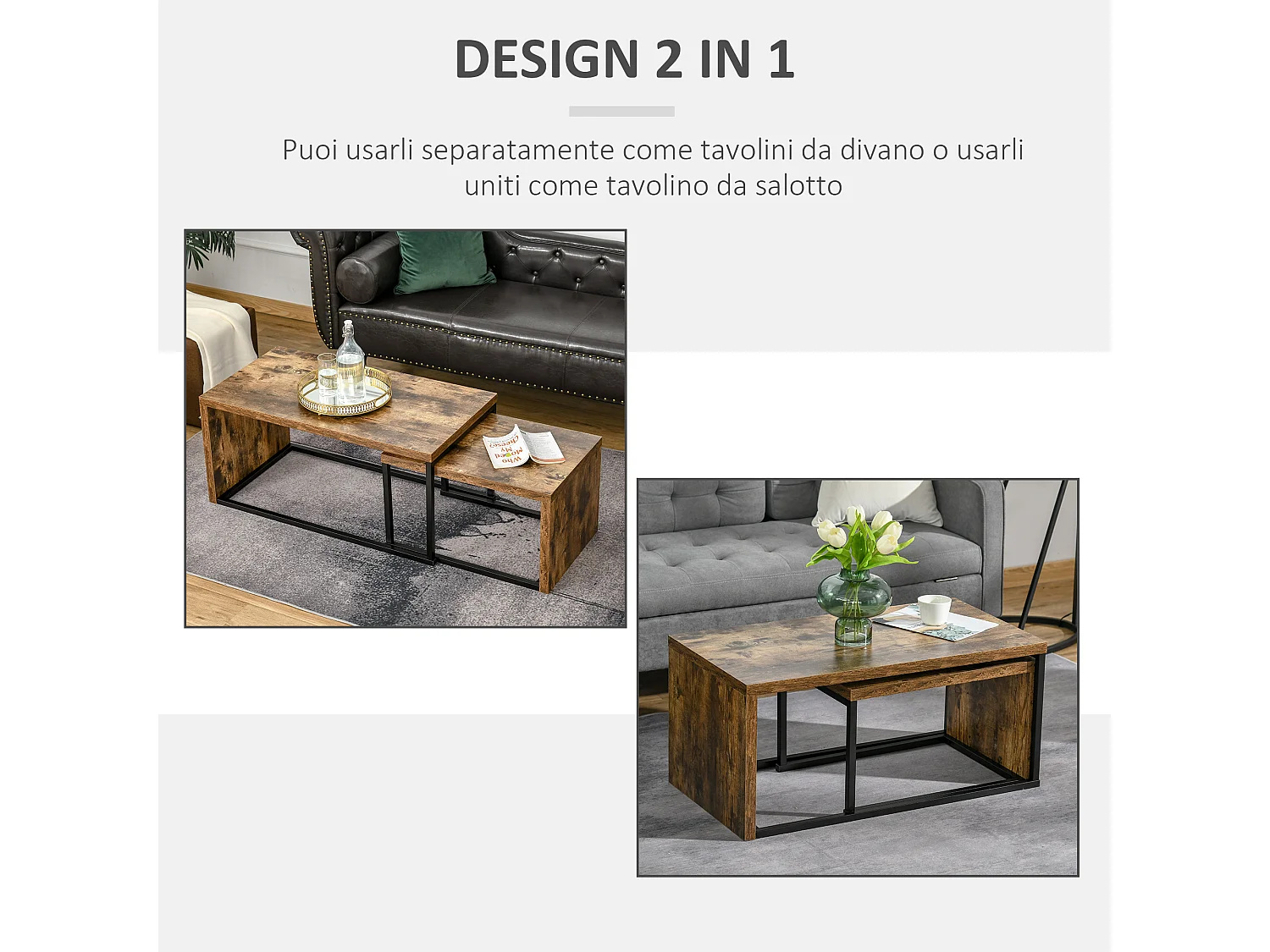 Set 2 tavolini da salotto salvaspazio in stile industriale