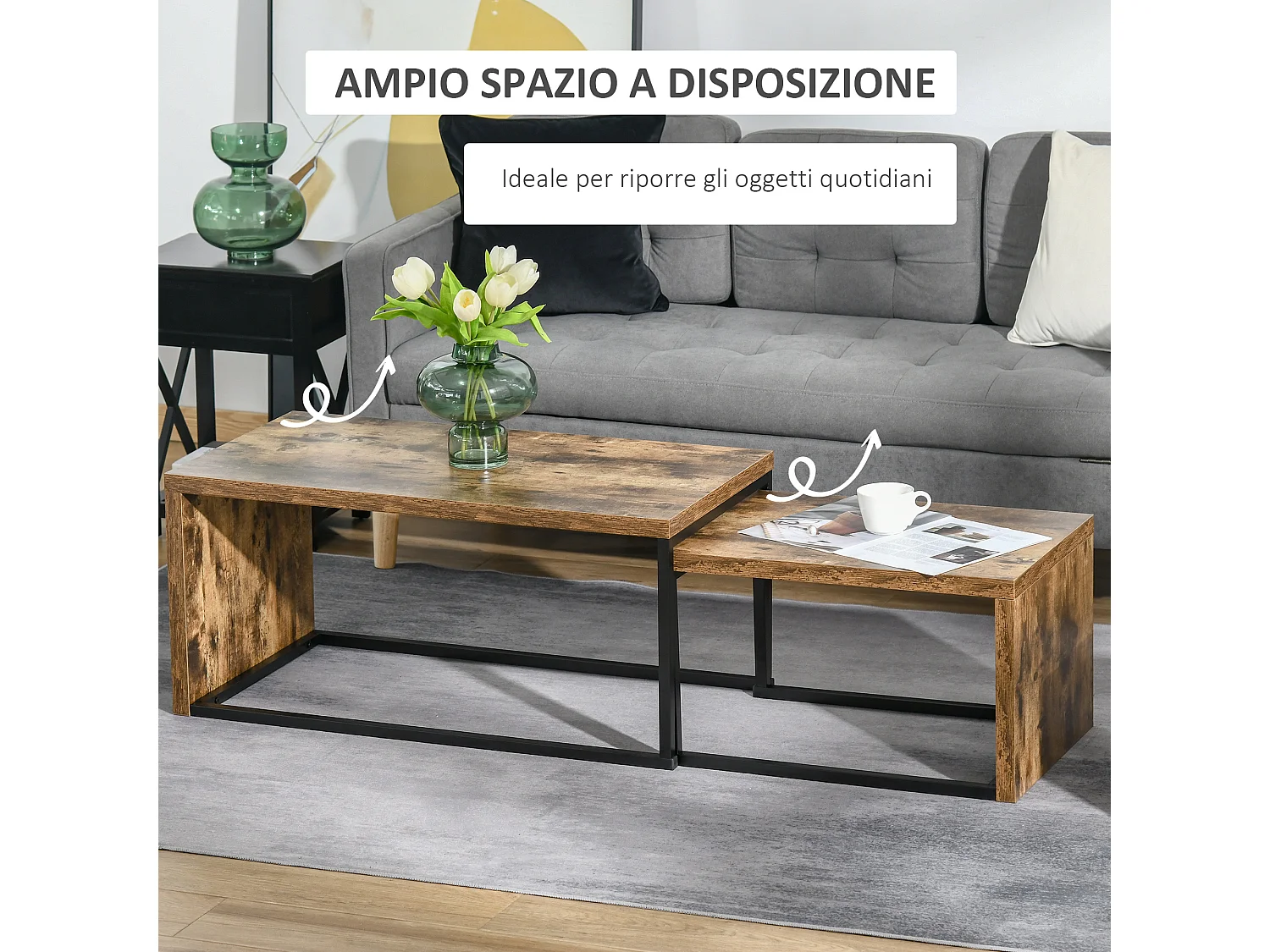 Set 2 tavolini da salotto salvaspazio in stile industriale