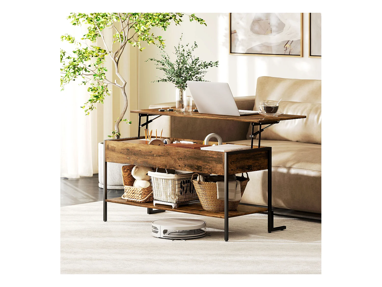 Tavolino da caffè sollevabile con contenitore in stile industriale