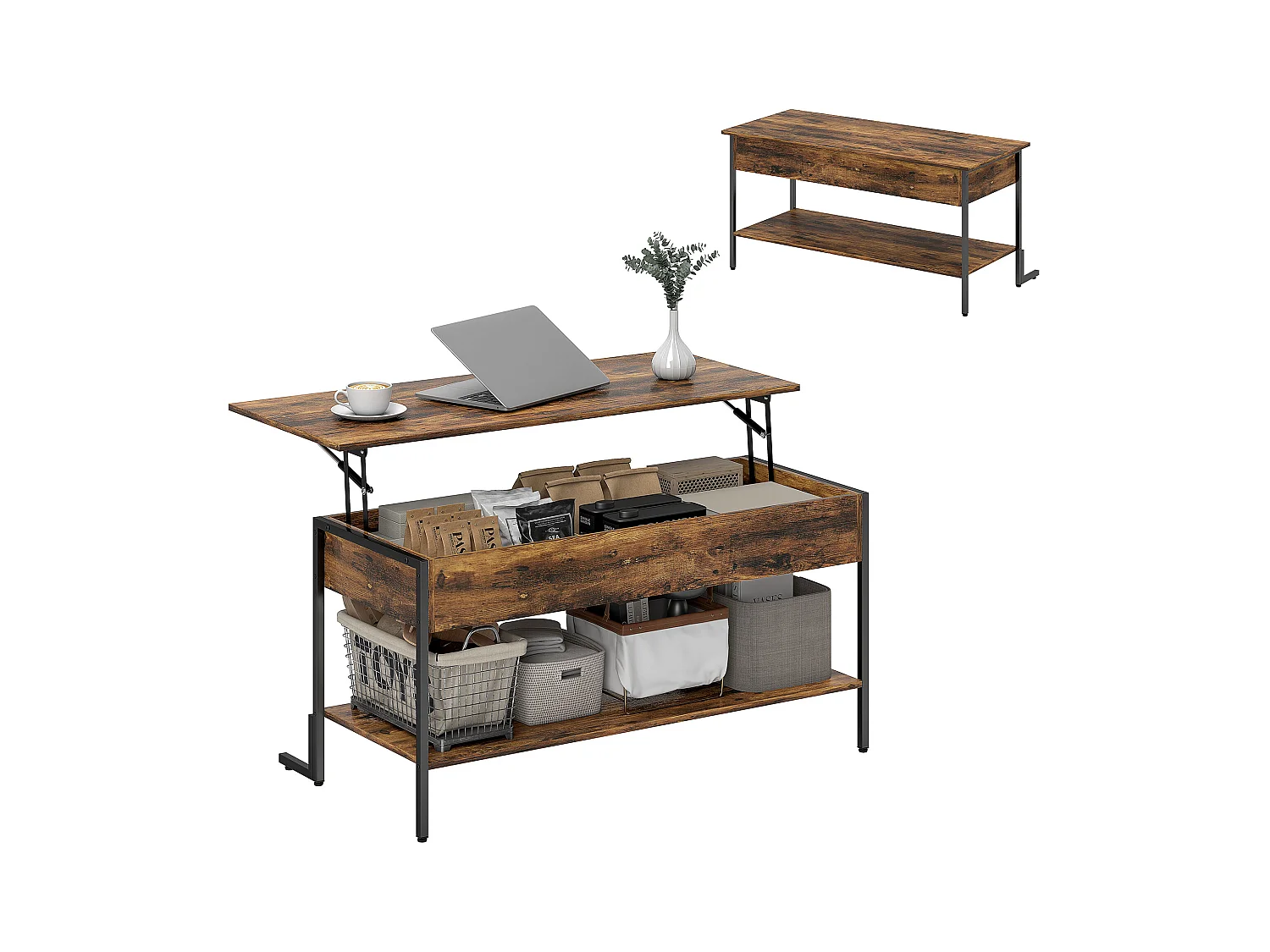 Tavolino da caffè sollevabile con contenitore in stile industriale