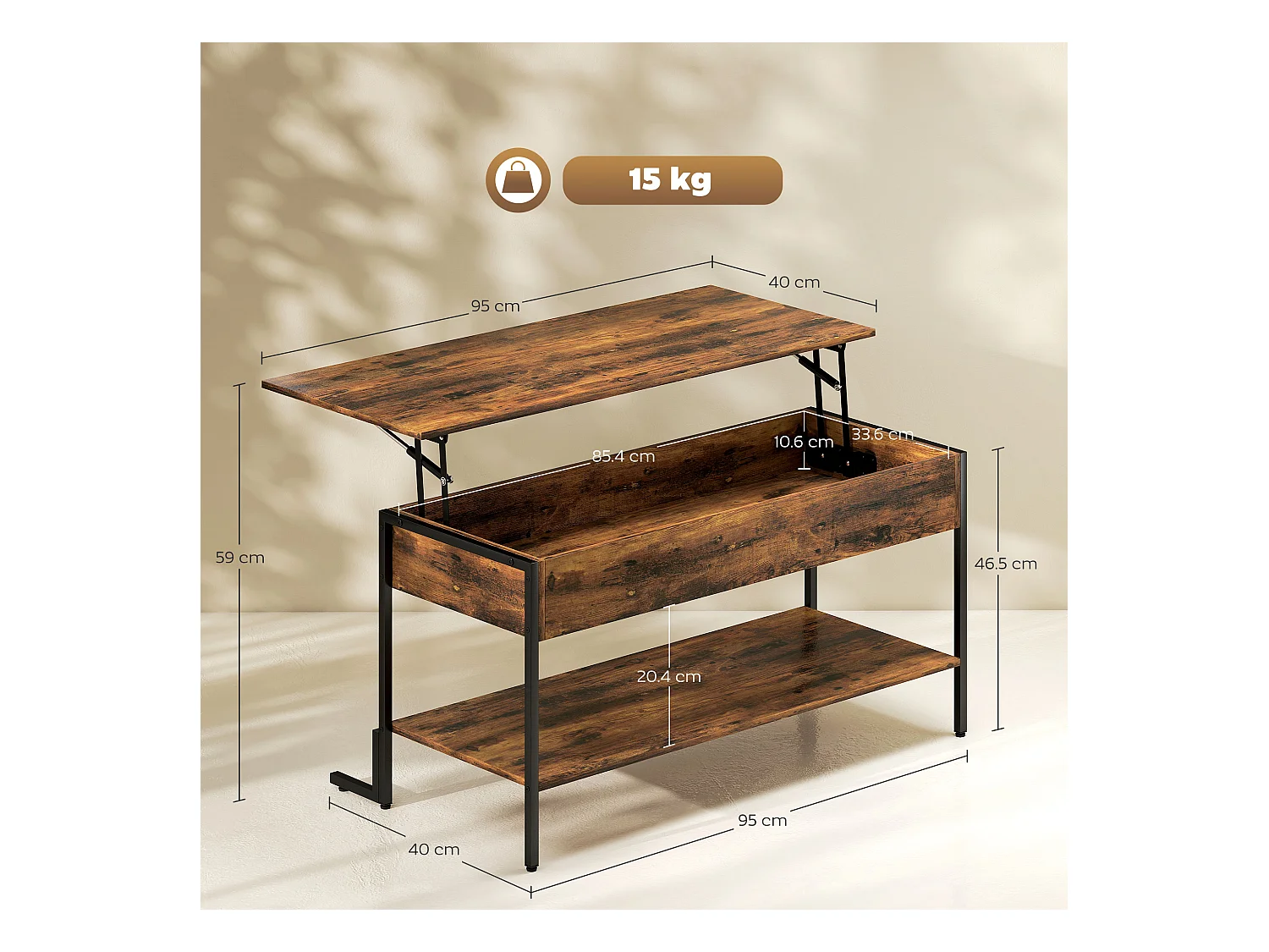 Tavolino da caffè sollevabile con contenitore in stile industriale