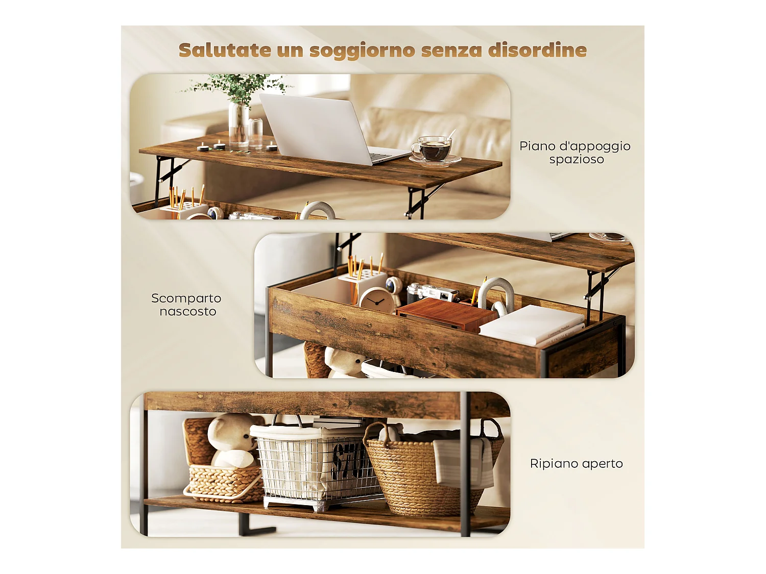 Tavolino da caffè sollevabile con contenitore in stile industriale