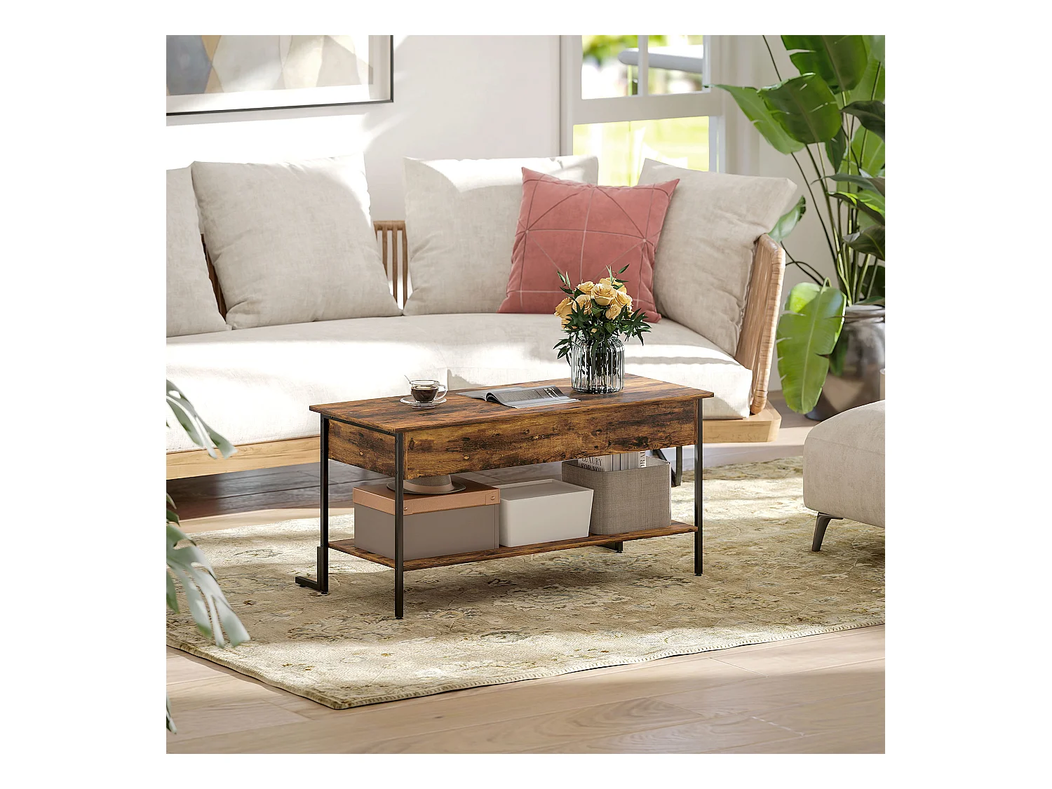 Tavolino da caffè sollevabile con contenitore in stile industriale