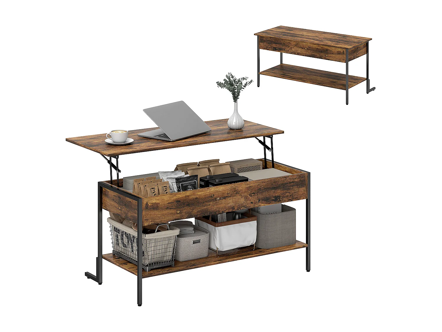 Tavolino da caffè sollevabile con contenitore in stile industriale