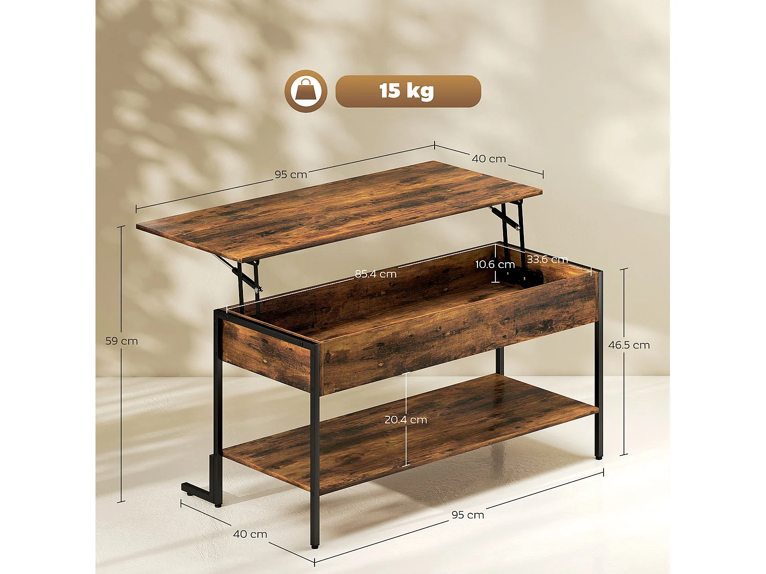 Tavolino da caffè sollevabile con contenitore in stile industriale