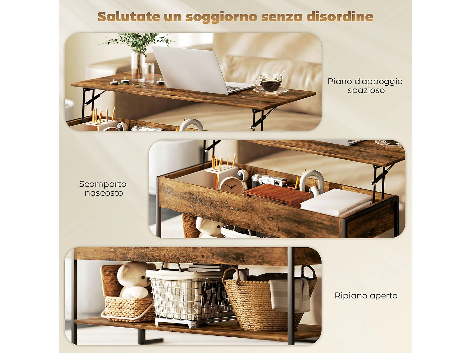 Tavolino da caffè sollevabile con contenitore in stile industriale