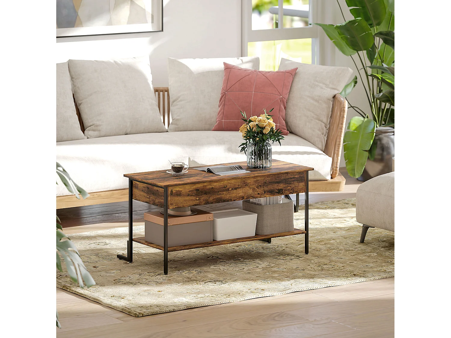 Tavolino da caffè sollevabile con contenitore in stile industriale