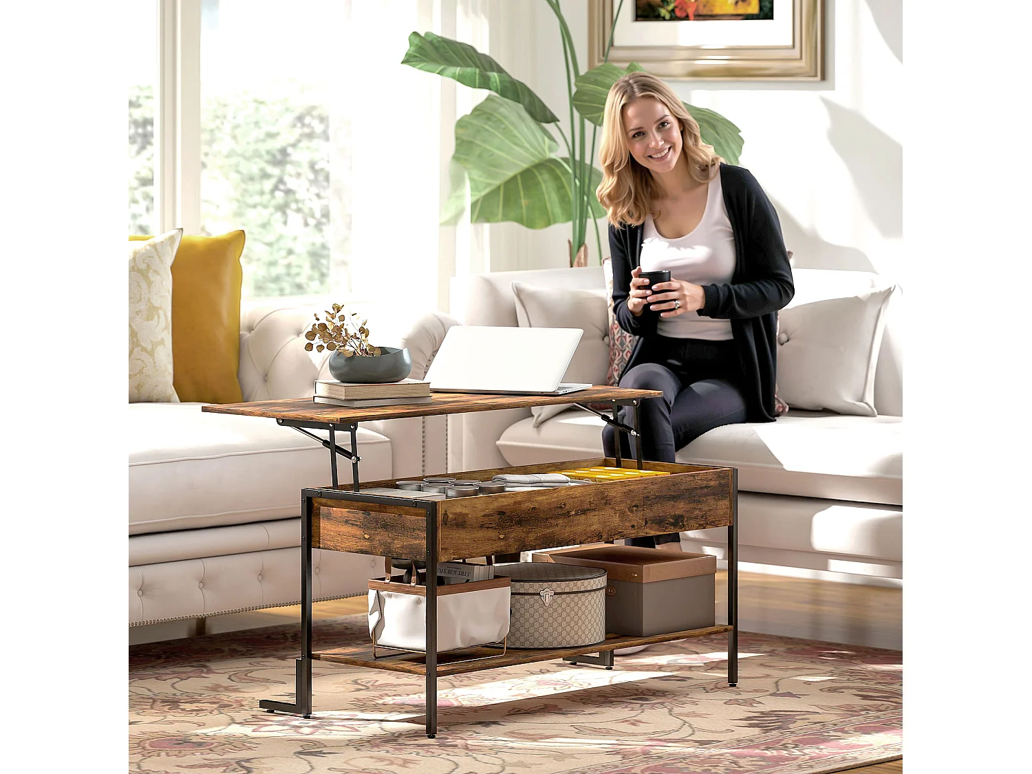 Tavolino da caffè sollevabile con contenitore in stile industriale