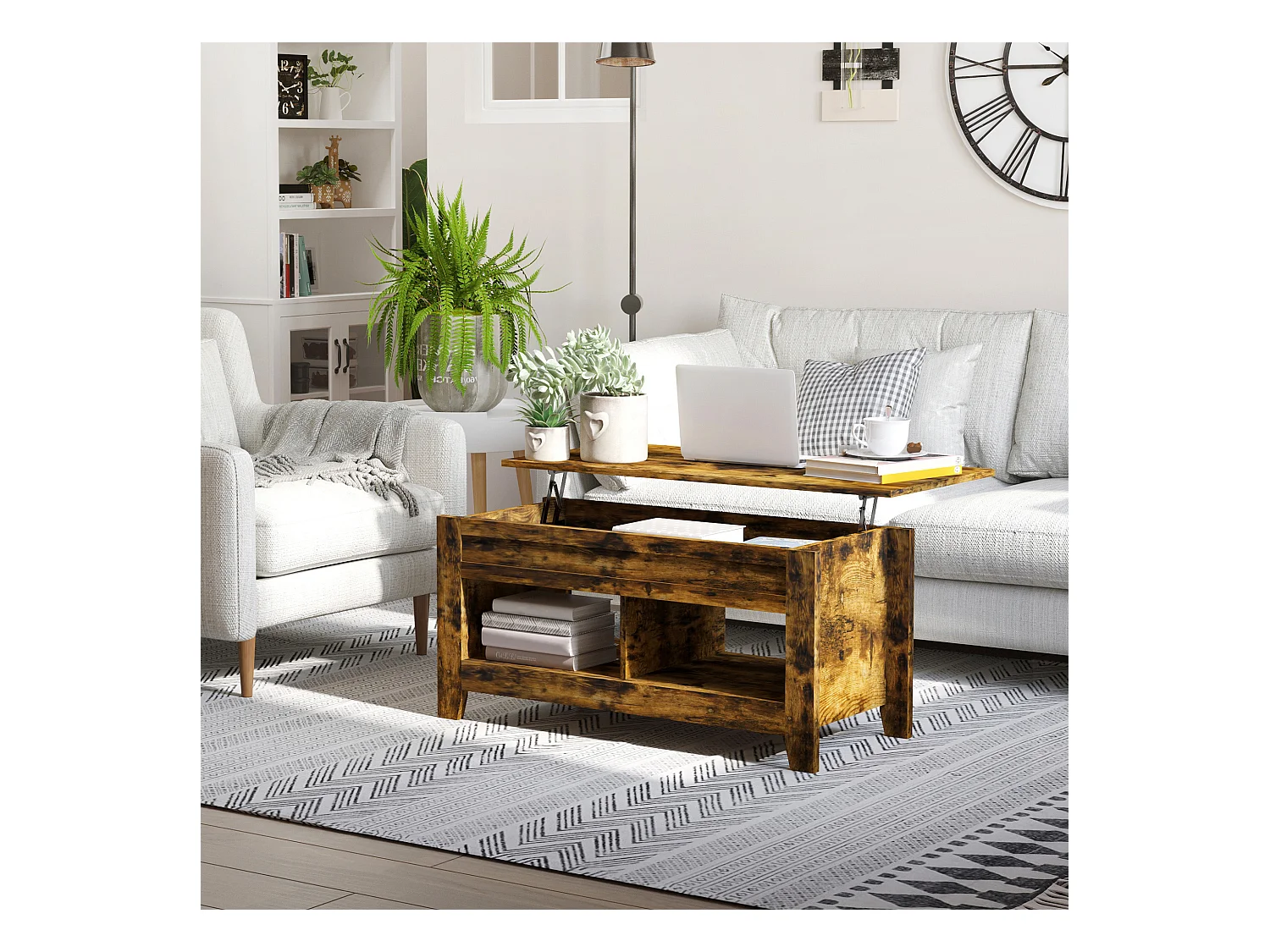 Tavolino contenitore con piano sollevabile in legno 105x50x49cm