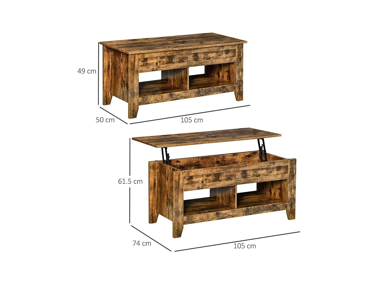 Tavolino contenitore con piano sollevabile in legno 105x50x49cm