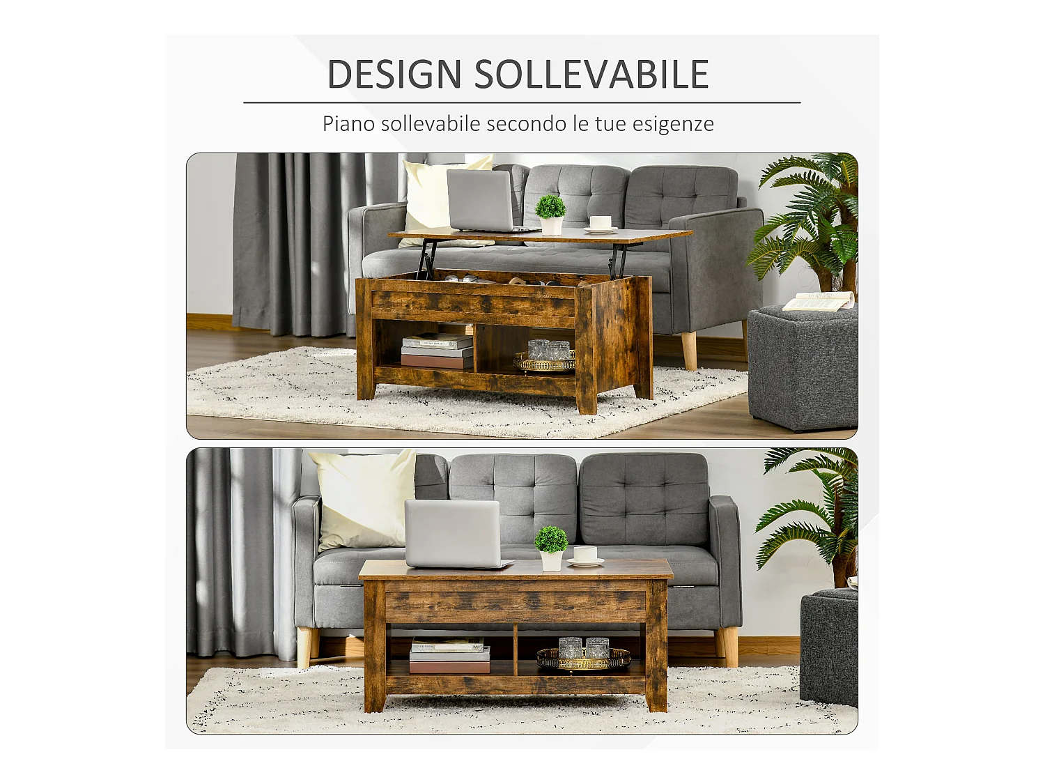 Tavolino contenitore con piano sollevabile in legno 105x50x49cm