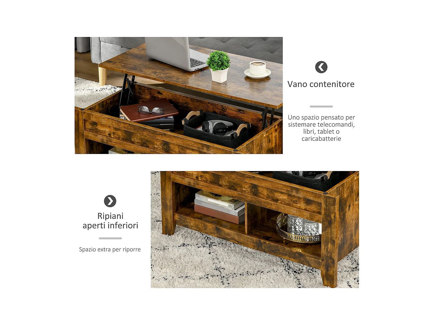 Tavolino contenitore con piano sollevabile in legno 105x50x49cm