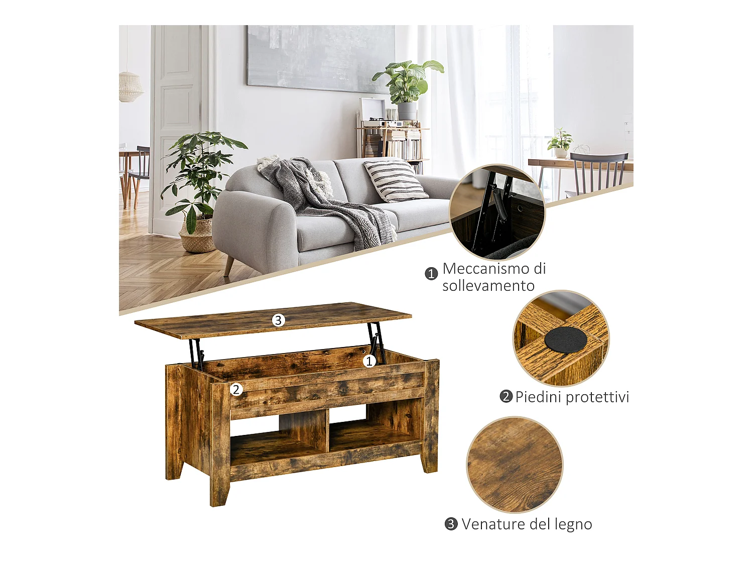 Tavolino contenitore con piano sollevabile in legno 105x50x49cm