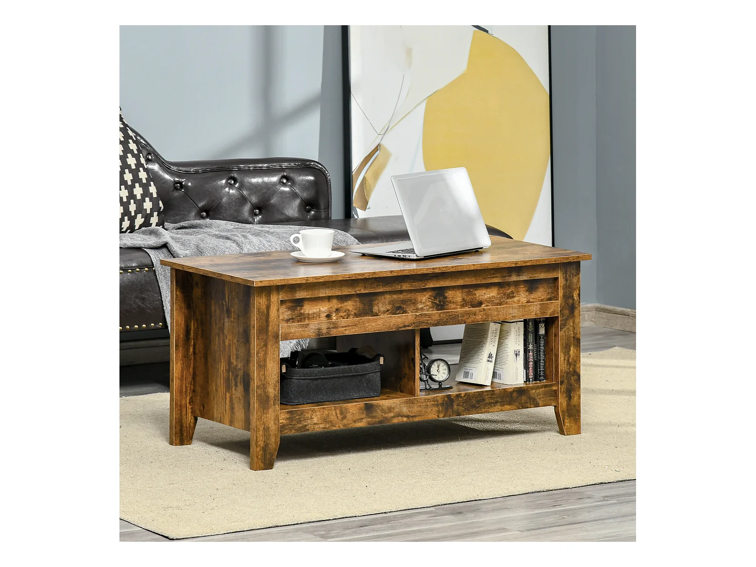 Tavolino contenitore con piano sollevabile in legno 105x50x49cm