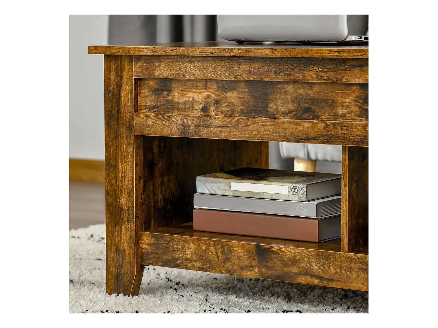 Tavolino contenitore con piano sollevabile in legno 105x50x49cm