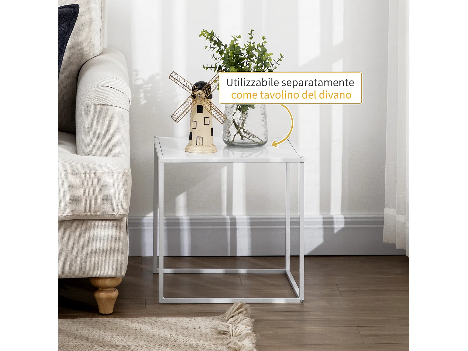 Set da 2 tavolini da caffè impilabili quadrati bianco