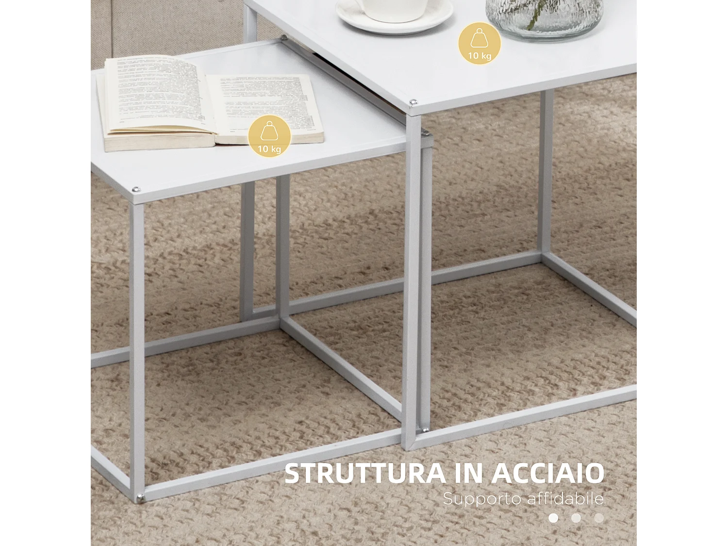 Set da 2 tavolini da caffè impilabili quadrati bianco