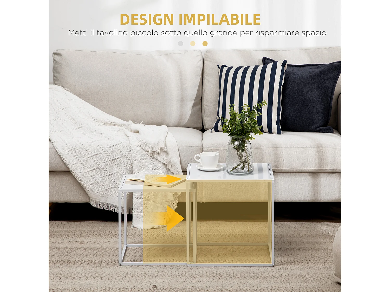 Set da 2 tavolini da caffè impilabili quadrati bianco