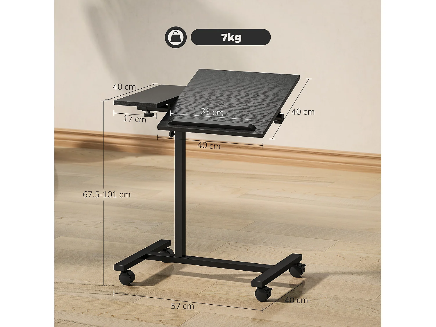 Tavolino porta pc con ruote bloccabili e piano inclinabile nero