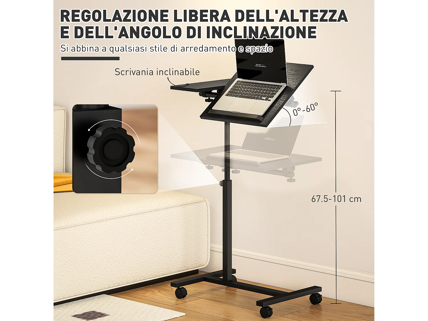 Tavolino porta pc con ruote bloccabili e piano inclinabile nero