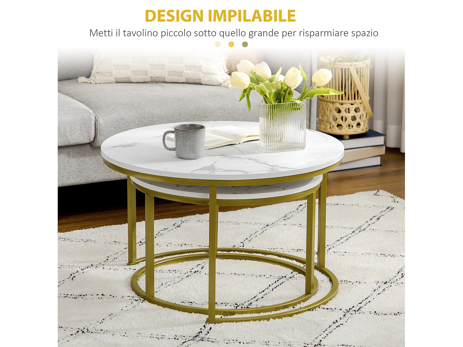 Set 2 tavolini rotondi da salotto impilabili bianco e oro