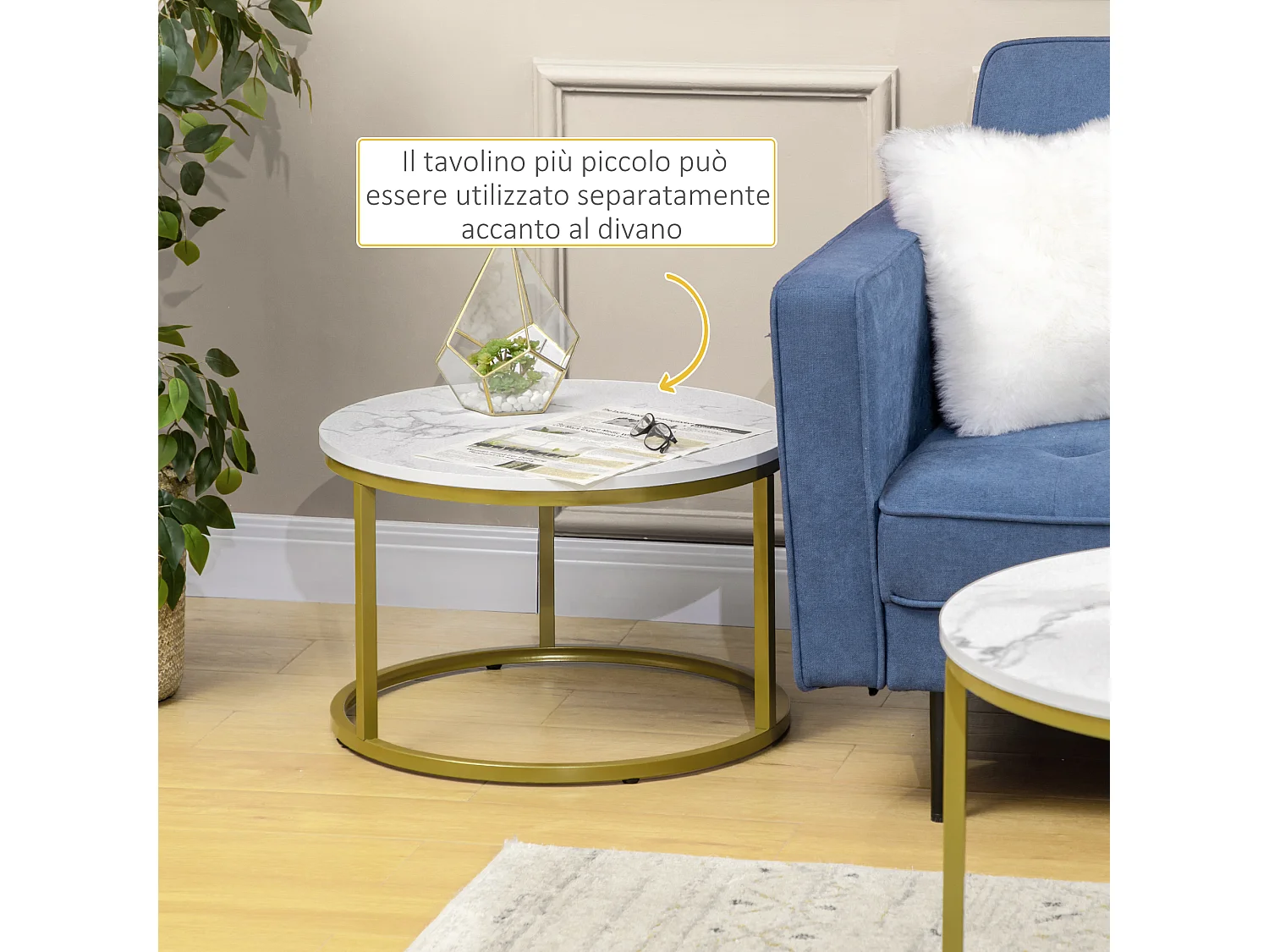 Set 2 tavolini rotondi da salotto impilabili bianco e oro