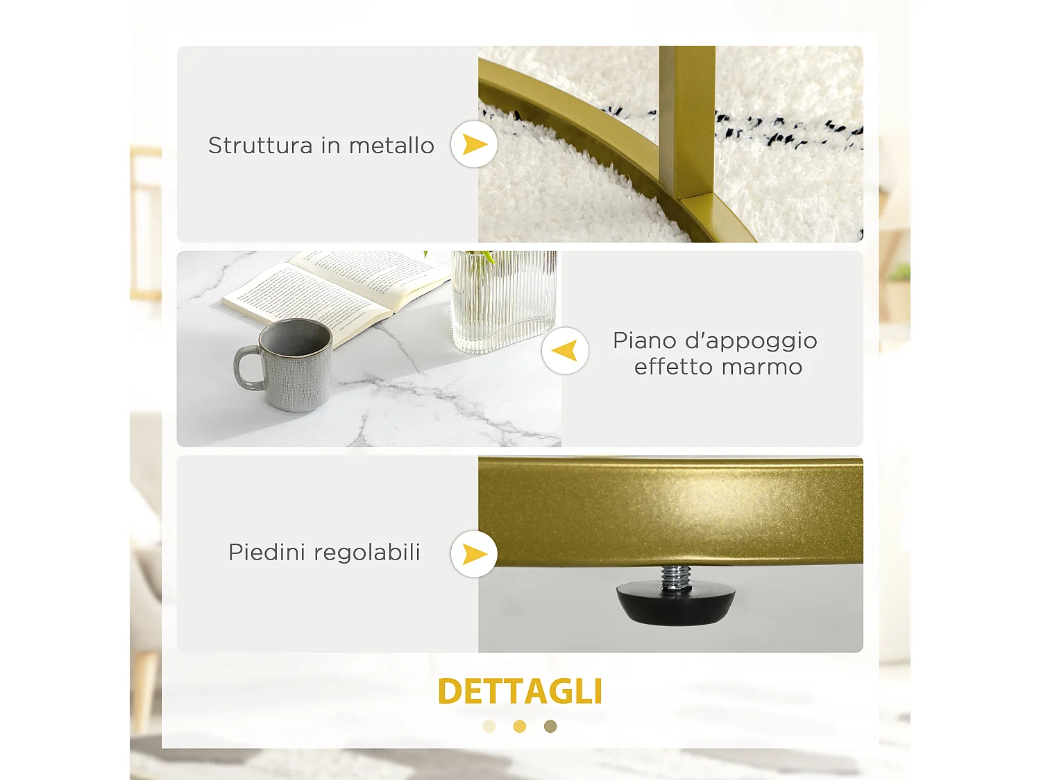 Set 2 tavolini rotondi da salotto impilabili bianco e oro