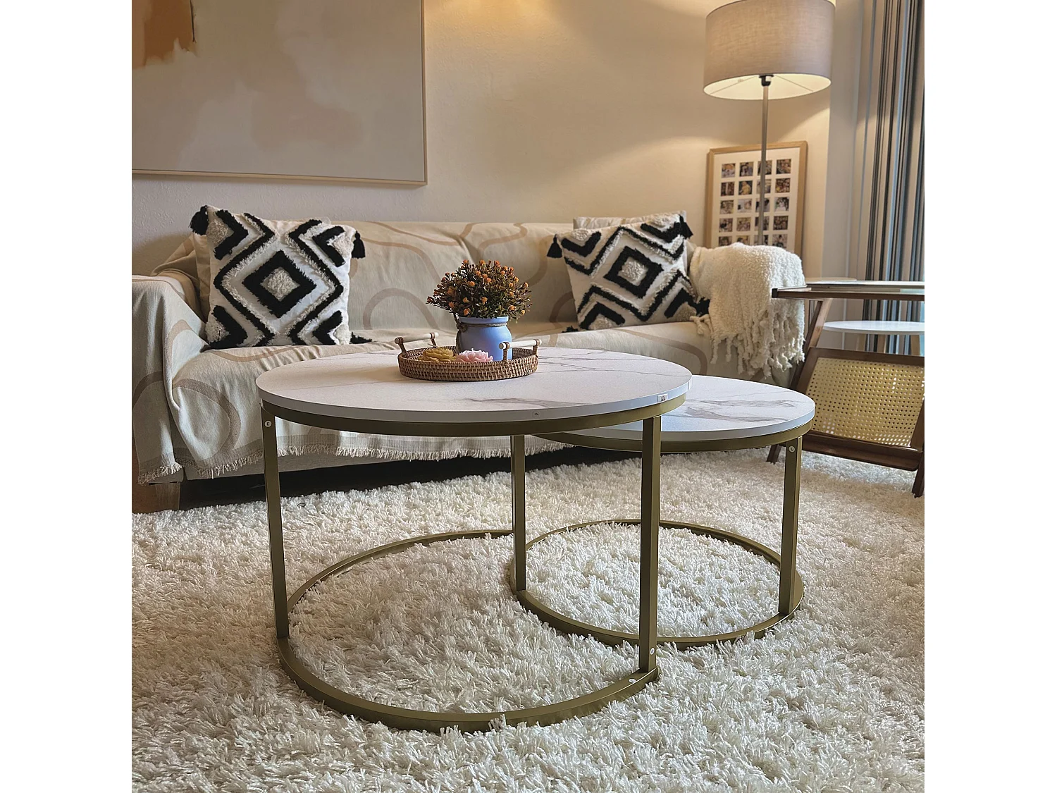 Set 2 tavolini rotondi da salotto impilabili bianco e oro