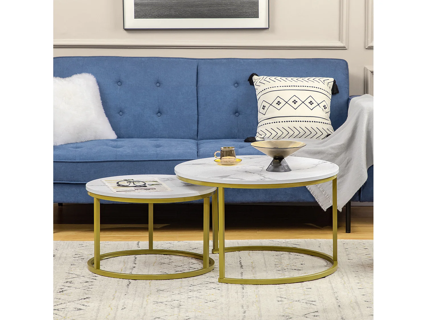 Set 2 tavolini rotondi da salotto impilabili bianco e oro