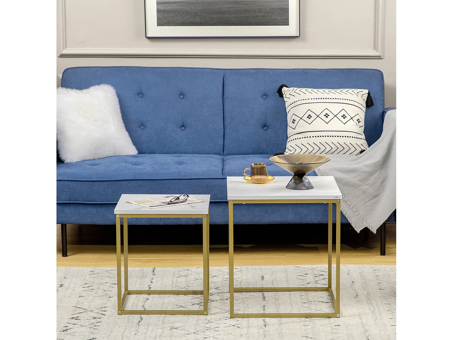 Tavolino da salotto set 2pz impilabile in truciolato e acciaio