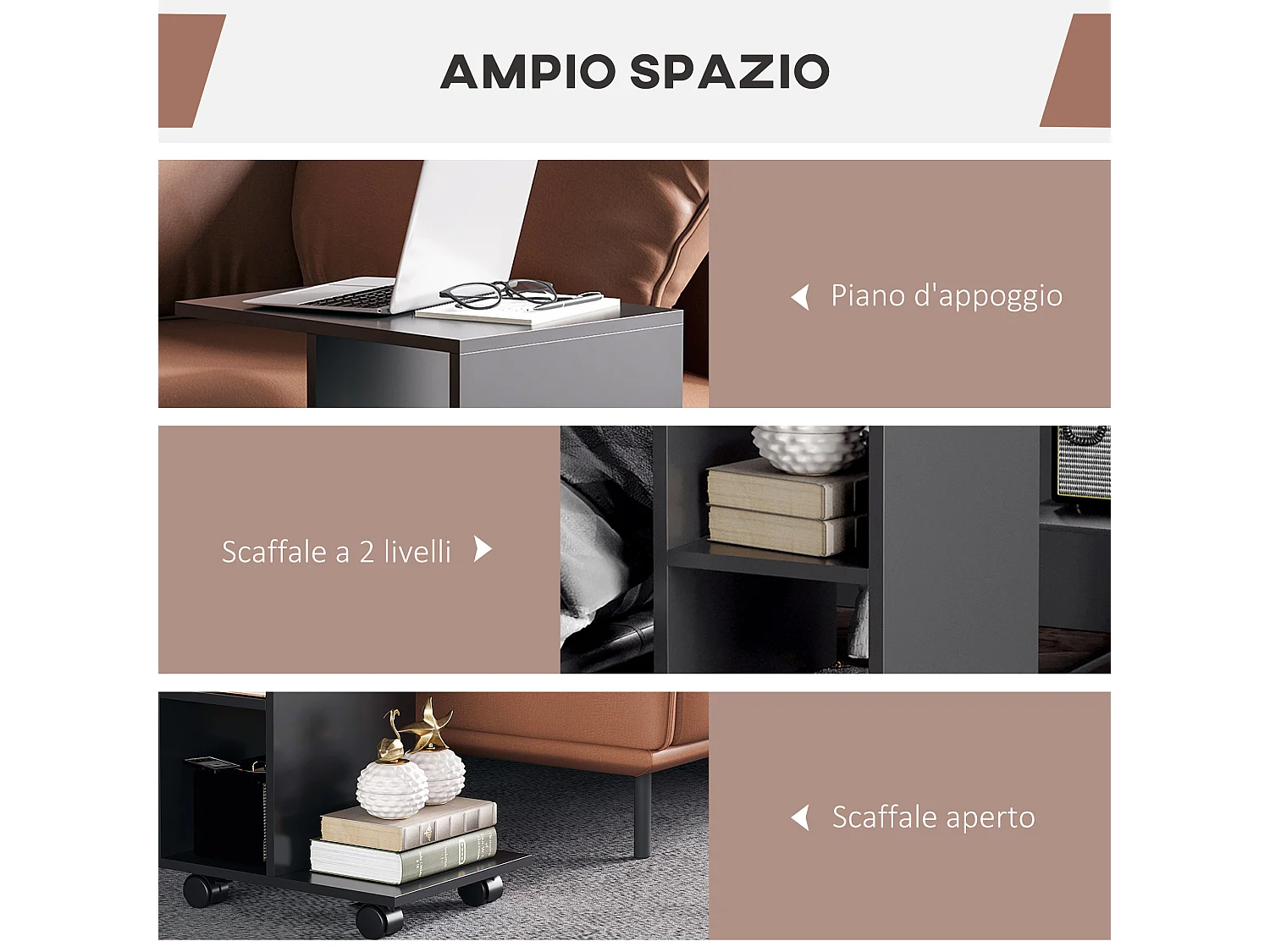 Tavolino da salotto a c 2 ripiani aperti 4 ruote girevoli nero