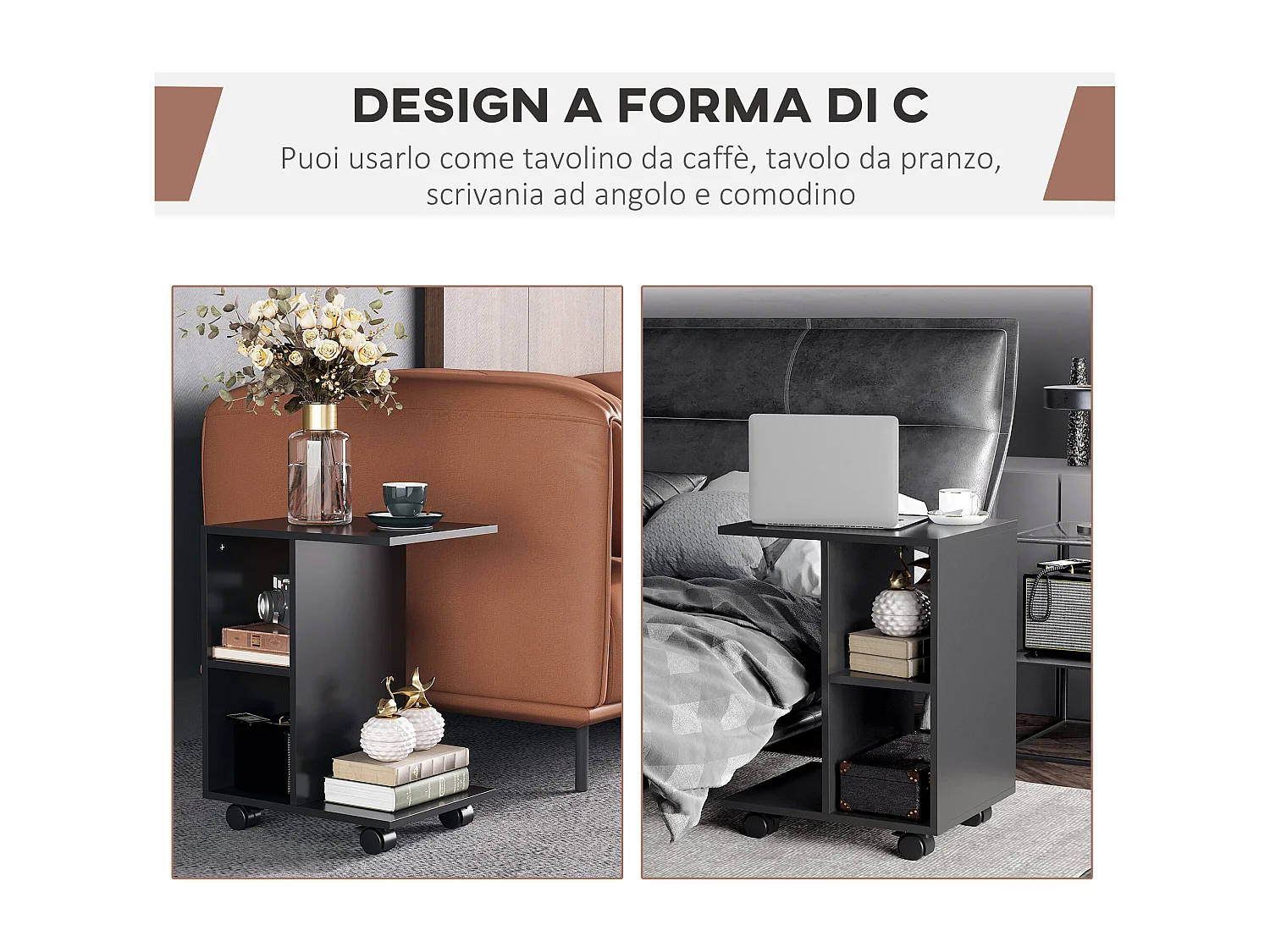 Tavolino da salotto a c 2 ripiani aperti 4 ruote girevoli nero