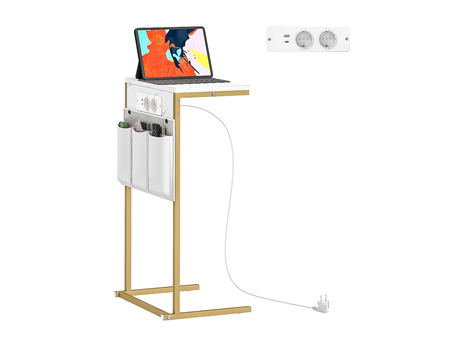 Tavolino da salotto con prese di corrente e usb effetto marmo bianco