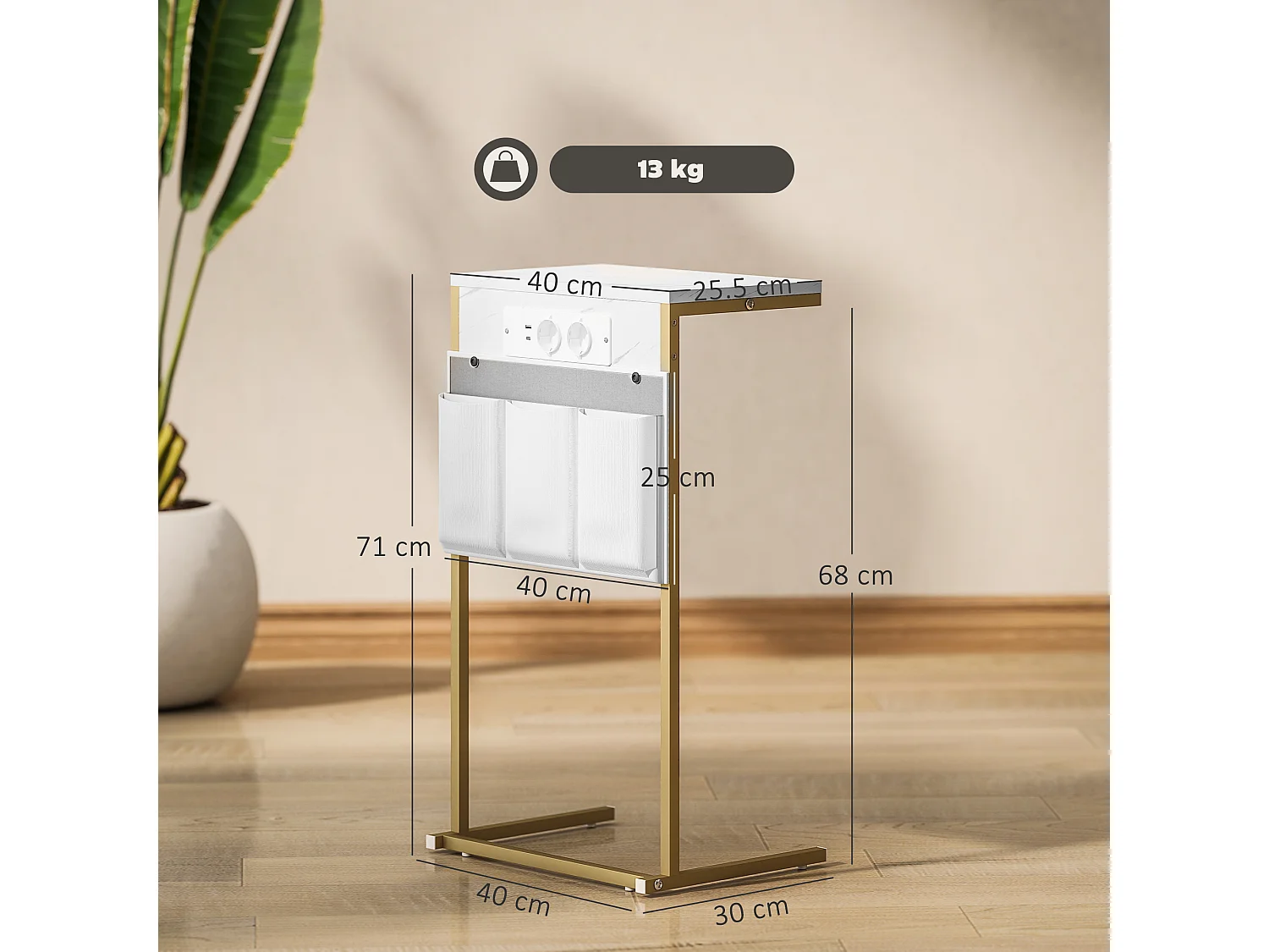 Tavolino da salotto con prese di corrente e usb effetto marmo bianco