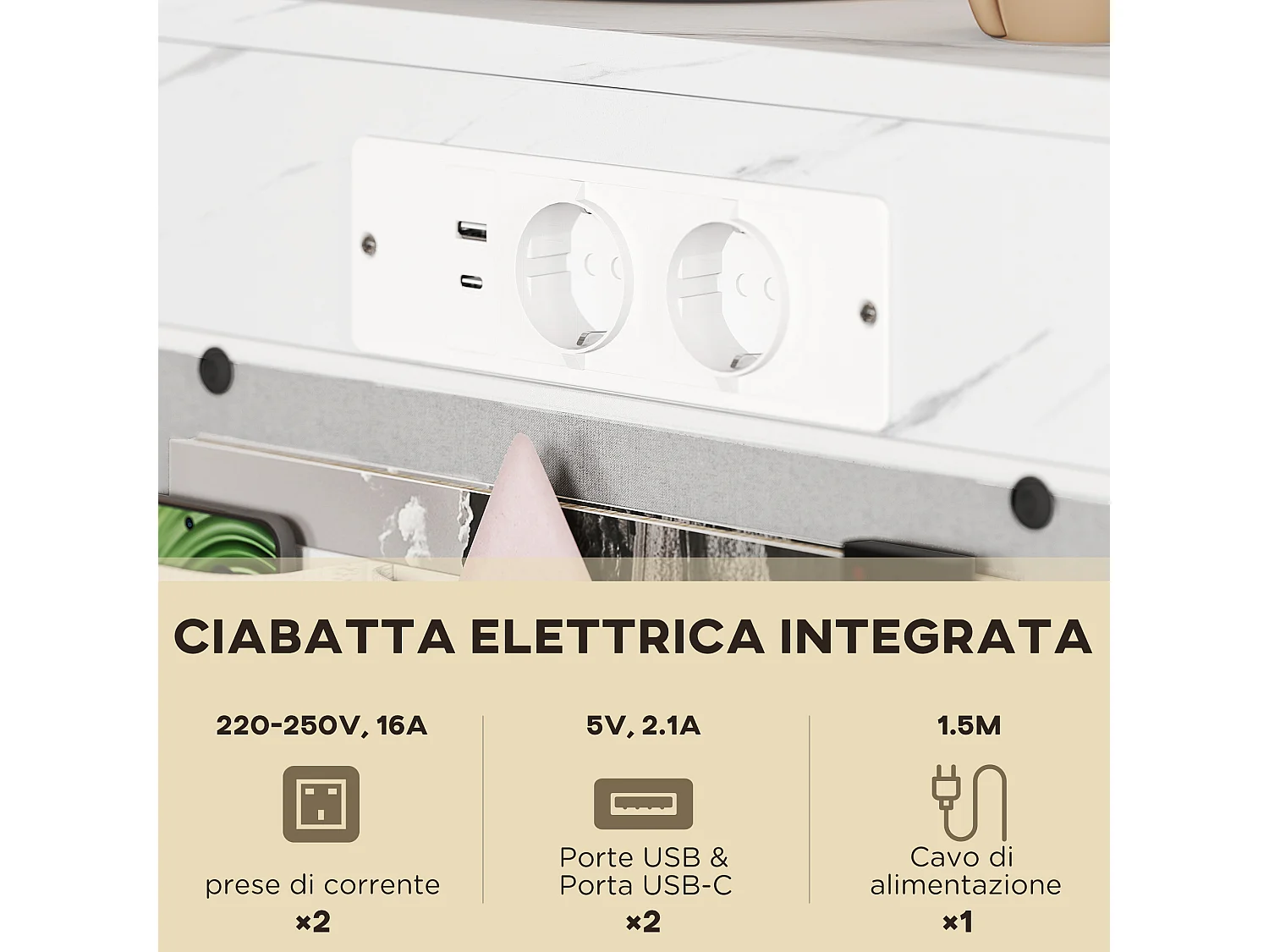 Tavolino da salotto con prese di corrente e usb effetto marmo bianco