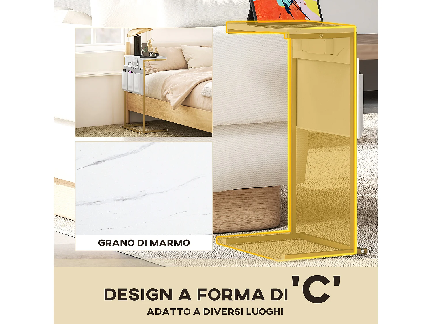 Tavolino da salotto con prese di corrente e usb effetto marmo bianco