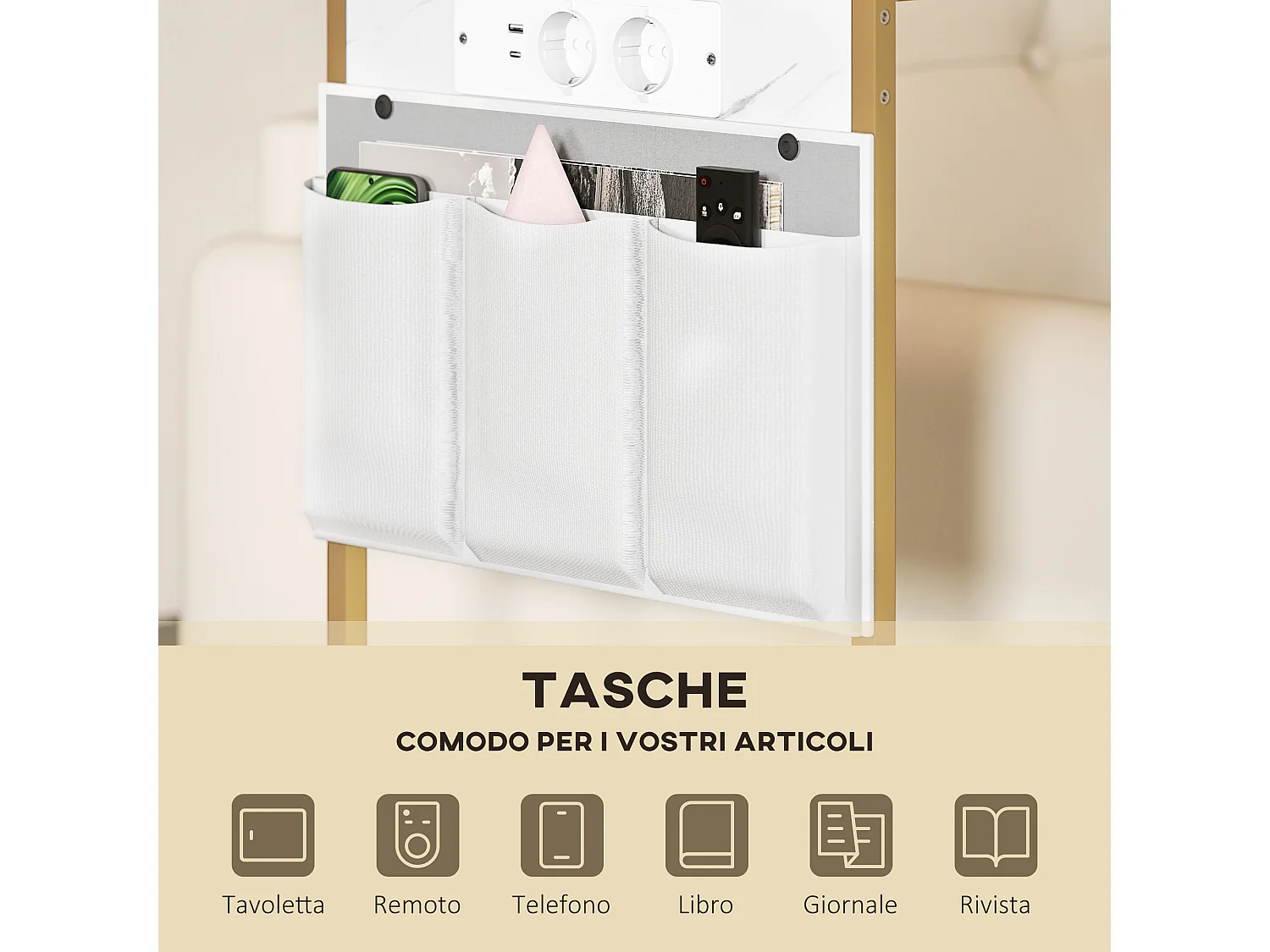 Tavolino da salotto con prese di corrente e usb effetto marmo bianco