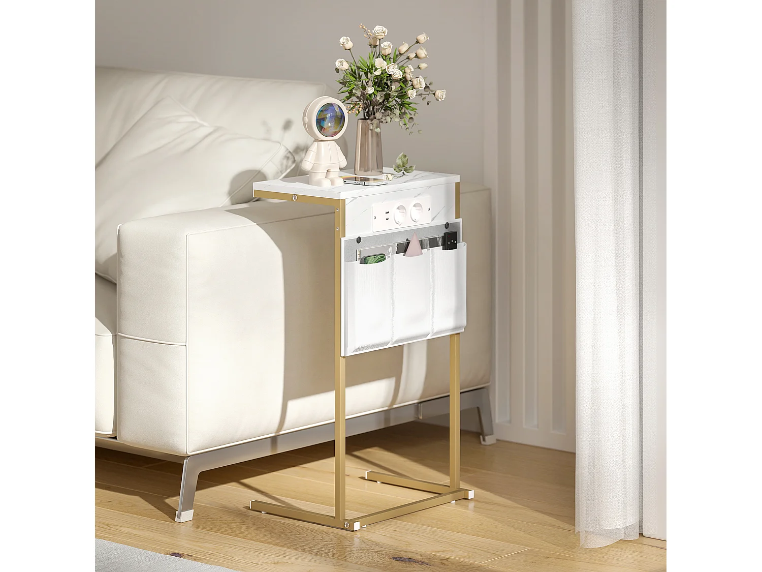 Tavolino da salotto con prese di corrente e usb effetto marmo bianco