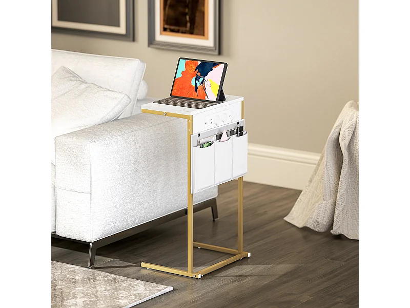 Tavolino da salotto con prese di corrente e usb effetto marmo bianco