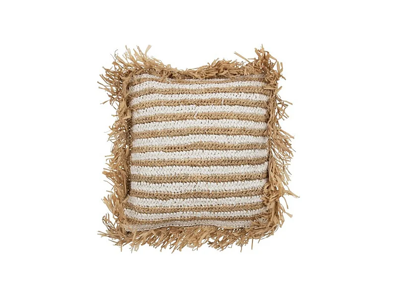 Cojín a rayas con flecos en textil blanco 45x45x15 cm