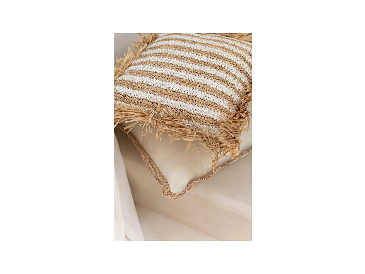 Cojín a rayas con flecos en textil blanco 45x45x15 cm
