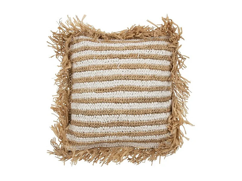 Cojín a rayas con flecos en textil blanco 45x45x15 cm