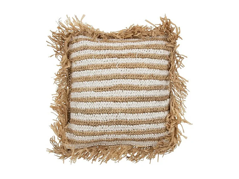Cojín a rayas con flecos en textil blanco 45x45x15 cm