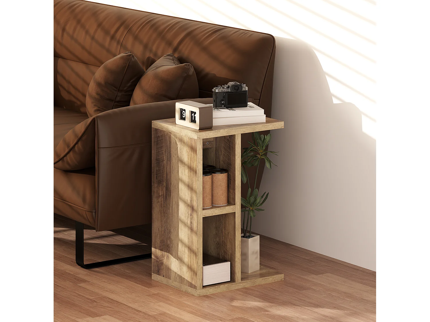 Tavolino a forma di c con 3 ripiani e 2 scomparti aperti marrone